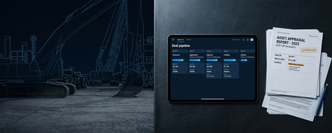 Equipment finance operations — deal pipeline tablet with industrial equipment blueprint